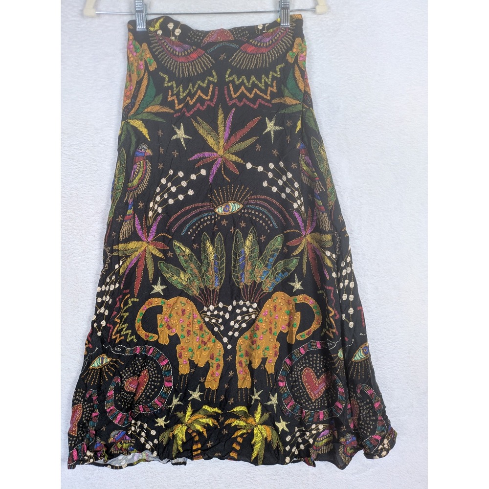 Farm Rio Skirt Women's XS Black Tropical Leopard Jungle Evil Eye Midi Viscose